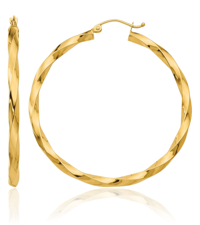 14K Solid Yellow Gold 3mm Twisted Round Large Hoop Earrings