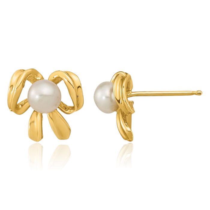 14K Solid Yellow Gold 3mm White Button Freshwater Cultured Pearl Bow Stud Earrings