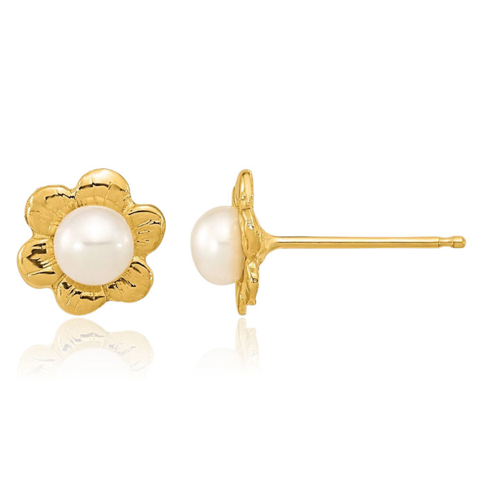 14K Solid Yellow Gold 3mm White Button Freshwater Cultured Pearl Flower Stud Earrings