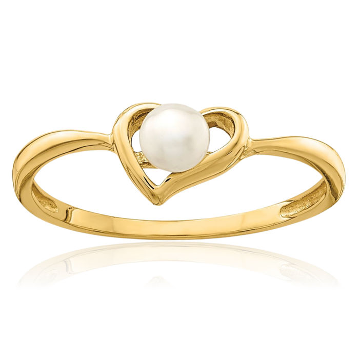 14K Solid Yellow Gold 3mm White Button Freshwater Cultured Pearl Heart Ring Love Band