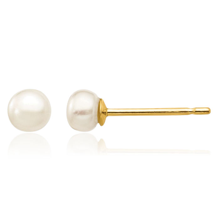 14K Solid Yellow Gold 3mm White Button Freshwater Cultured Pearl Stud Earrings