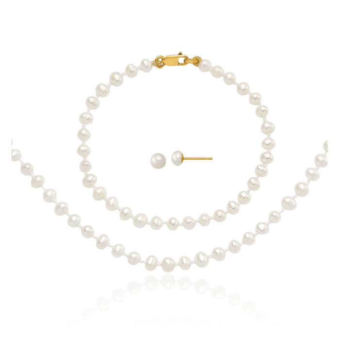 14K Solid Yellow Gold 3mm White Freshwater Cultured Pearl Necklace Bracelet Stud Earrings Set