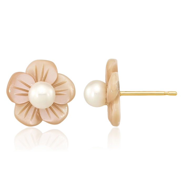 14K Solid Yellow Gold 3mm White Round Freshwater Cultured Pearl Pink Mother of Flower Stud Earrings