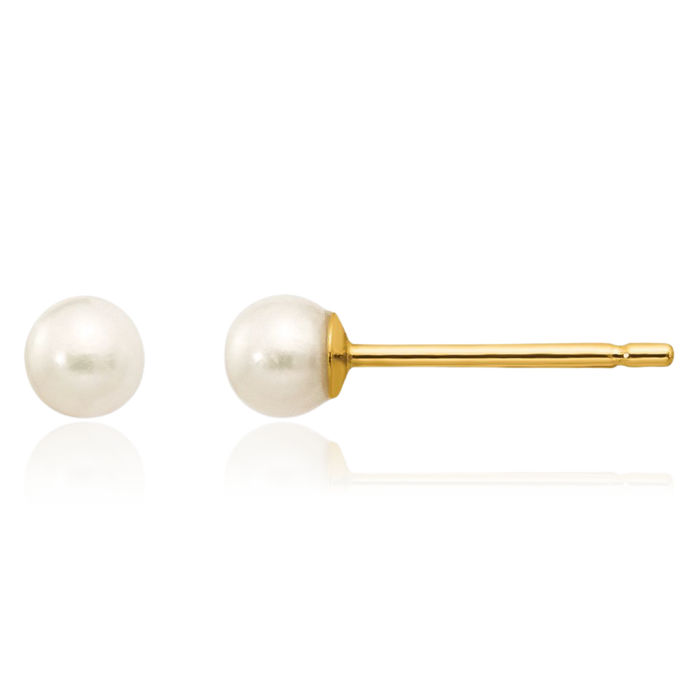 14K Solid Yellow Gold 3mm White Round Freshwater Cultured Pearl Stud Earrings