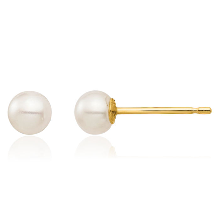 14K Solid Yellow Gold 3mm White Round Freshwater Cultured Pearl Stud Earrings Silicone Backs