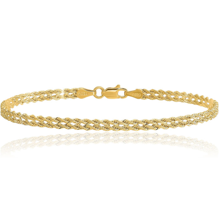 14K Solid Yellow Gold 3mm Wide Double Rope Chain Bracelet