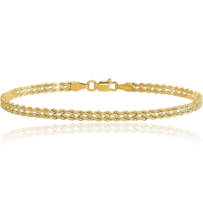 14K Solid Yellow Gold 3mm Wide Double Strand Rope Chain Bracelet