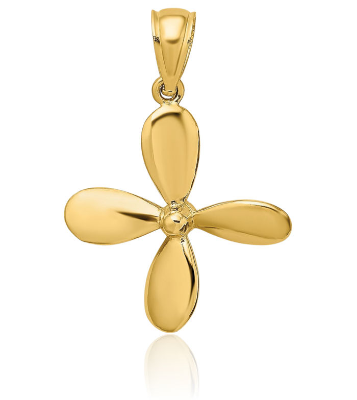 14K Solid Yellow Gold 4 Blades Fishing Boat Propeller Necklace Chain Pendant Charm