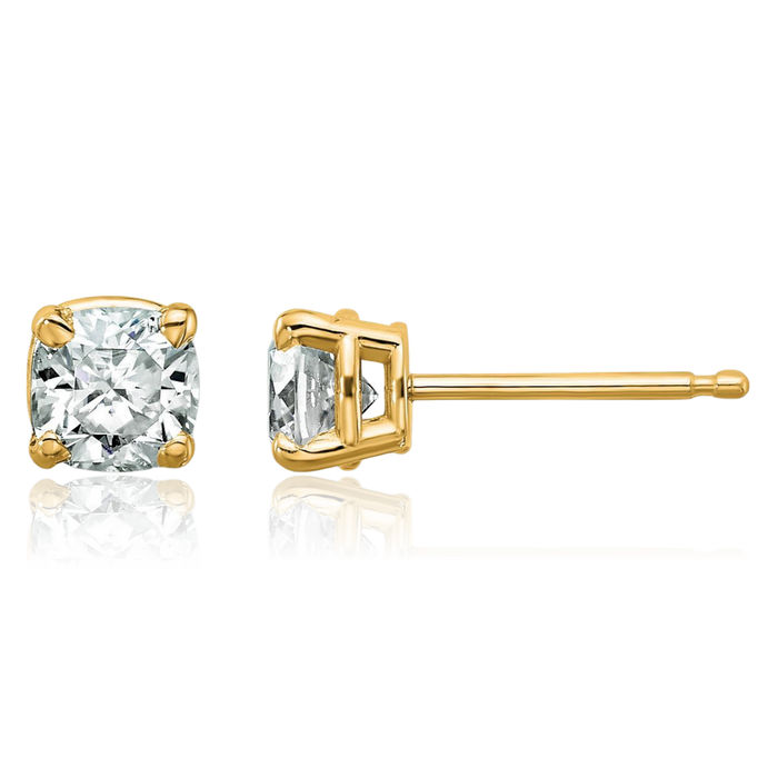 14K Solid Yellow Gold 4.5mm Cushion-Cut Solitaire Moissanite Stud Earrings