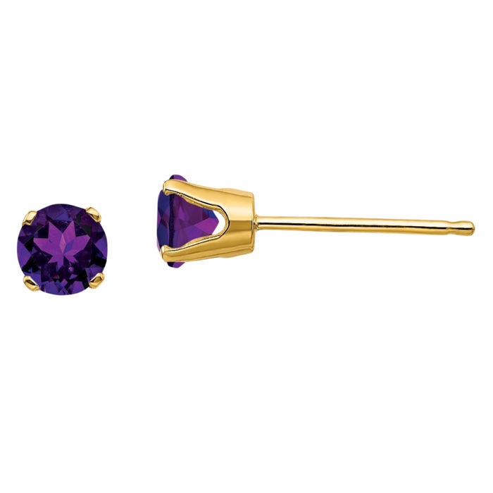 14K Solid Yellow Gold 4mm Purple Amethyst Studs Gemstone Solitaire Earrings February Birthstone Jewelry