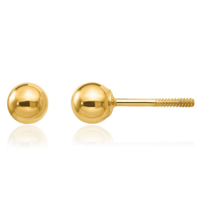 14K Solid Yellow Gold 4mm Ball Screw Back Stud Earrings