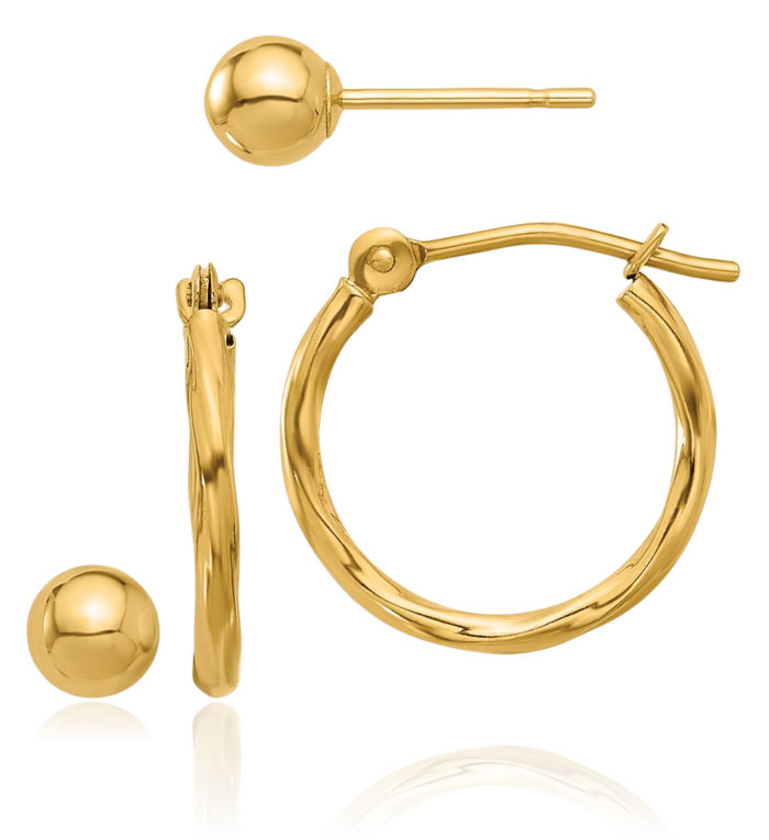 14K Solid Yellow Gold 4mm Ball Twisted Hoop Stud Earrings Set