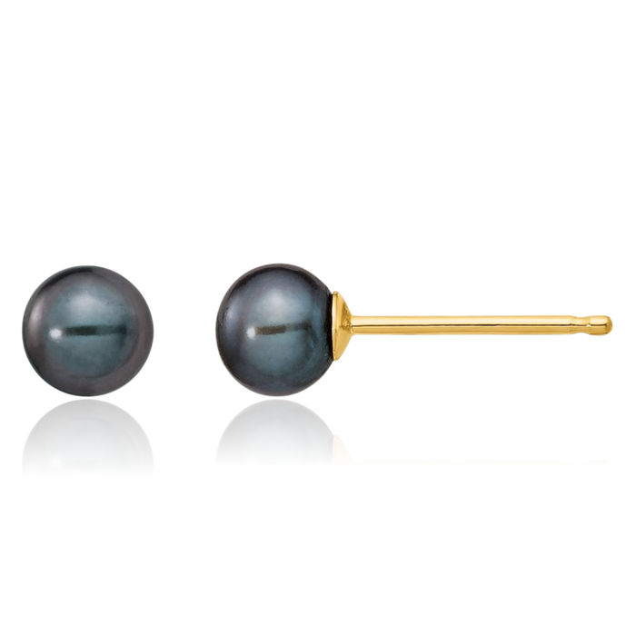 14K Solid Yellow Gold 4mm Black Round Freshwater Cultured Pearl Stud Earrings