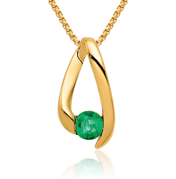 14K Solid Yellow Gold 4mm Green Emerald Necklace Gemstone Pendant Charm May Birthstone Jewelry