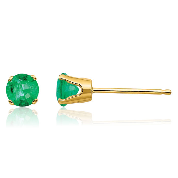 14K Solid Yellow Gold 4mm Green Emerald Studs Gemstone Solitaire Earrings May Birthstone Jewelry