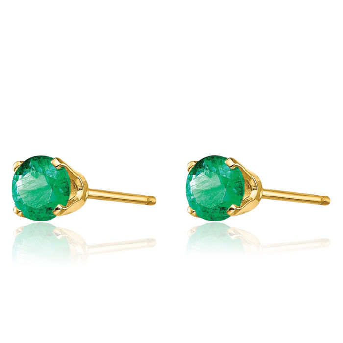 14K Solid Yellow Gold 4mm Green Emerald Studs Gemstone Solitaire Earrings May Birthstone Jewelry