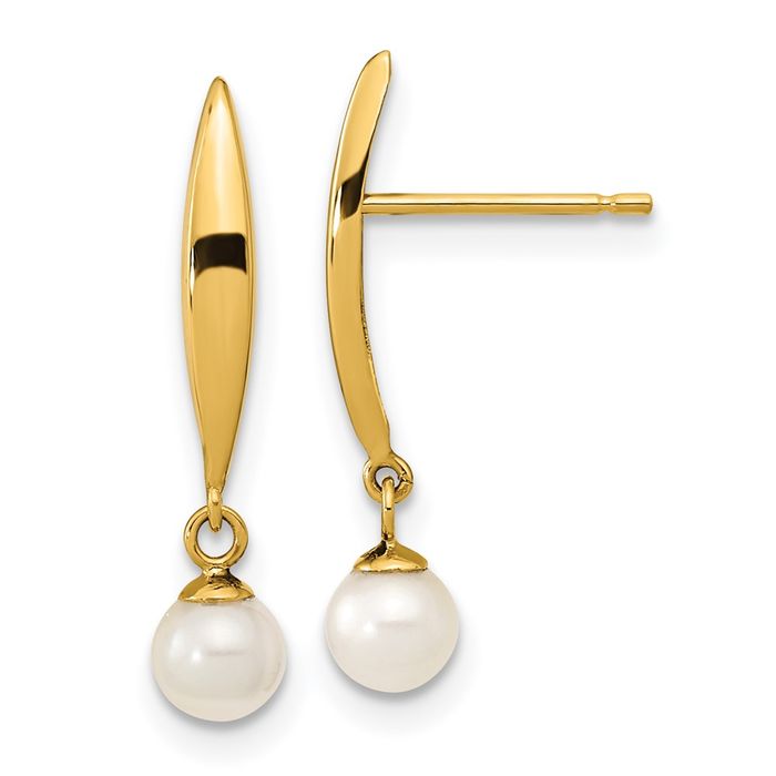 14K Solid Yellow Gold 4mm Freshwater Cultured Pearl Line Bar Drop Dangle Earrings