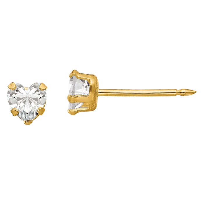 14K Solid Yellow Gold 4mm Heart Cubic Zirconia CZ Stud Earrings