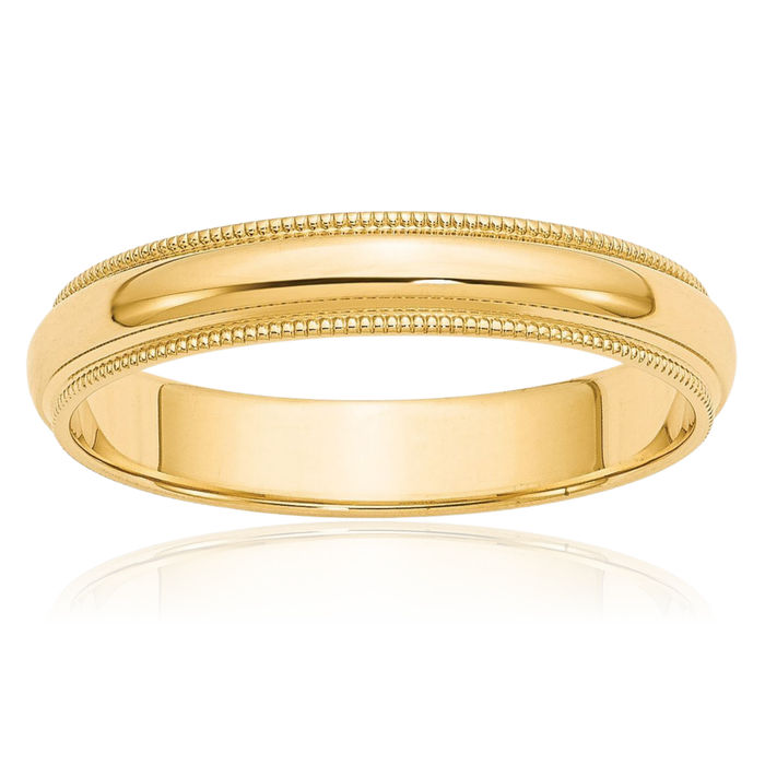 14K Solid Yellow Gold 4mm Milgrain Half Round Plain Classic Wedding Band Ring