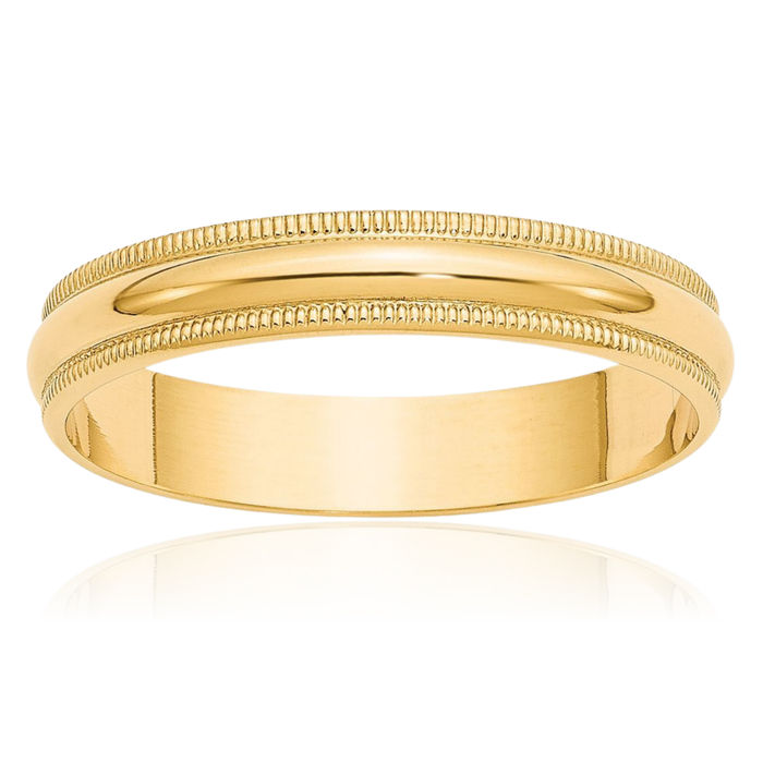 14K Solid Yellow Gold 4mm Milgrain Half Round Plain Classic Wedding Band Ring