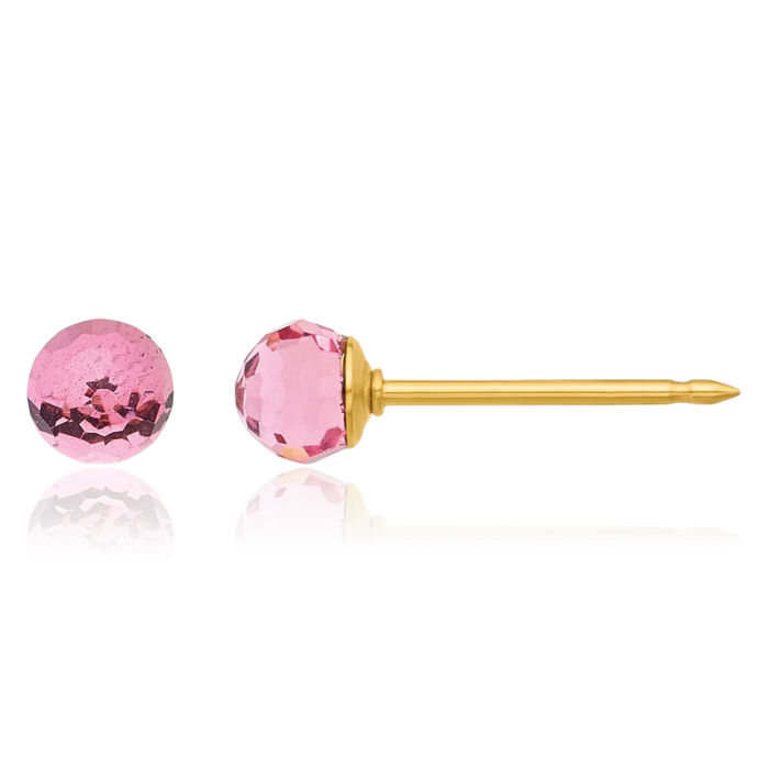 14K Solid Yellow Gold 4mm Pink Rhinestone Crystals Ball Stud Earrings Ear Piercing Studs