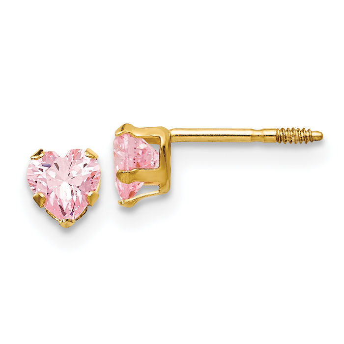 14K Solid Yellow Gold 4mm Pink Cubic Zirconia CZ Heart Stud Earrings