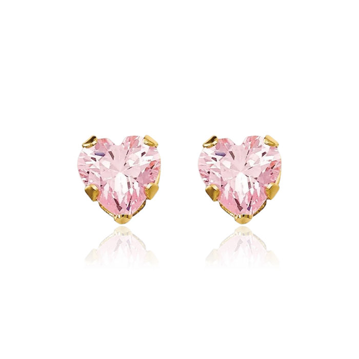 14K Solid Yellow Gold 4mm Pink Cubic Zirconia CZ Heart Stud Earrings