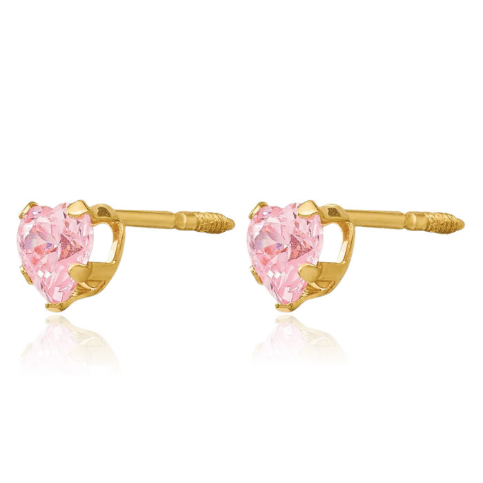 14K Solid Yellow Gold 4mm Pink Cubic Zirconia CZ Heart Stud Earrings