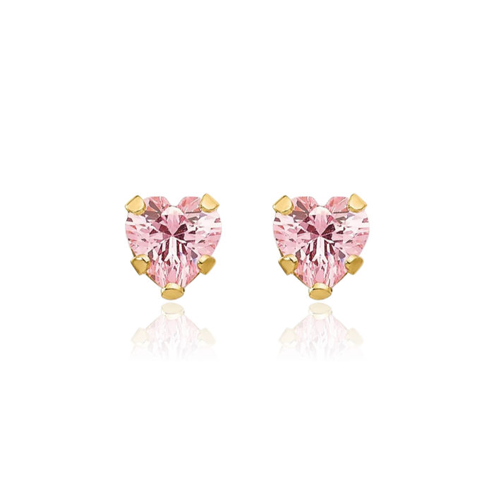 14K Solid Yellow Gold 4mm Pink Heart Cubic Zirconia CZ Stud Earrings