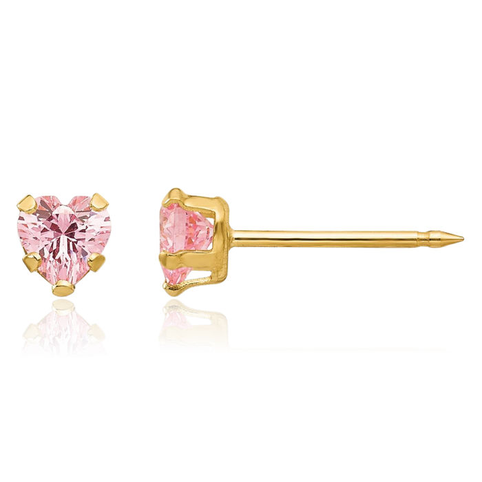 14K Solid Yellow Gold 4mm Pink Heart Cubic Zirconia CZ Stud Earrings