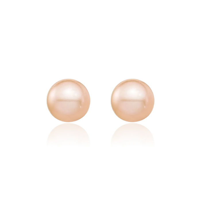 14K Solid Yellow Gold 4mm Pink Round Freshwater Cultured Pearl Stud Earrings Silicone Backs
