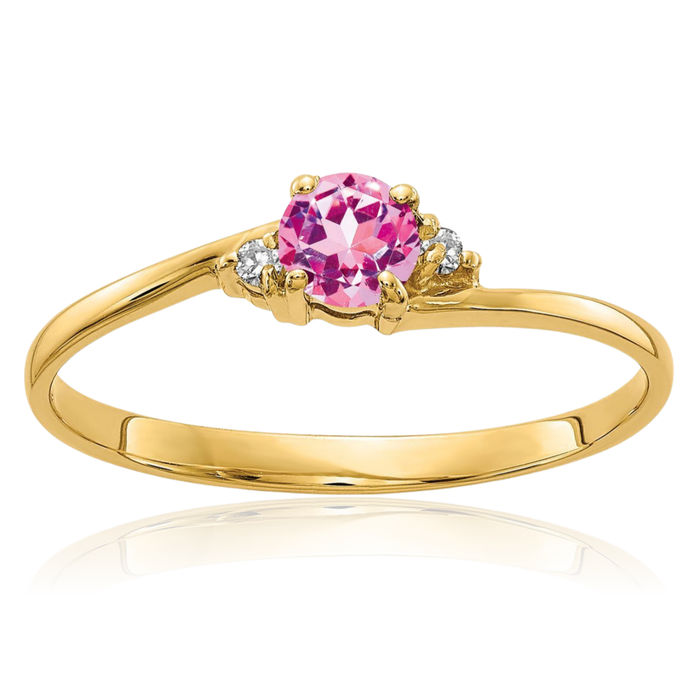 14K Solid Yellow Gold 4mm Pink Sapphire Diamond Ring Gemstone Band October Birthstone Jewelry