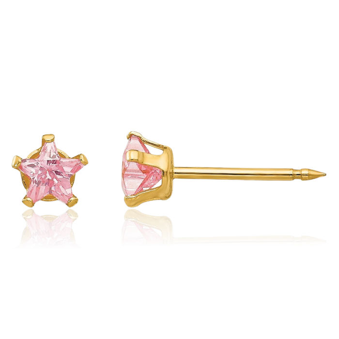 14K Solid Yellow Gold 4mm Pink Star Cubic Zirconia CZ Stud Earrings