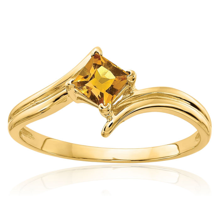 14K Solid Yellow Gold 4mm Princess-Cut Square Orange Citrine Solitaire Ring Gemstone Band November Birthstone Jewelry