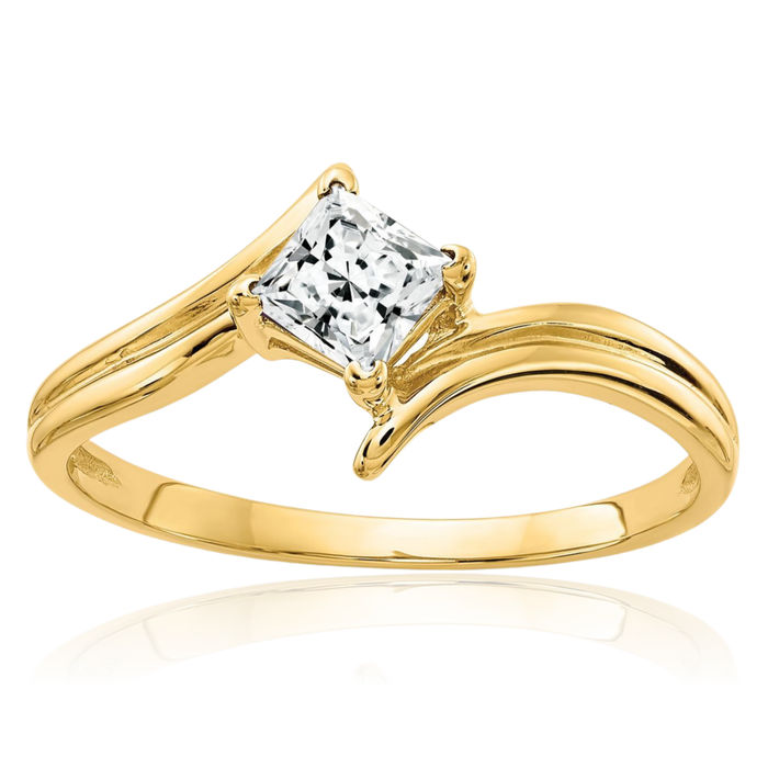 14K Solid Yellow Gold 4mm Princess-Cut Square Cubic Zirconia CZ Solitaire Ring