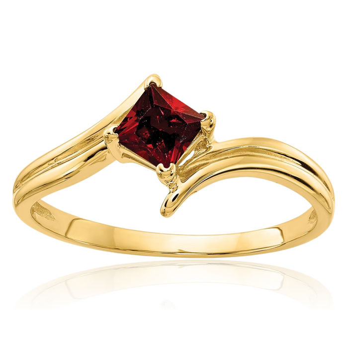 14K Solid Yellow Gold 4mm Princess-Cut Square Red Garnet Solitaire Ring Gemstone Band January Birthstone Jewelry