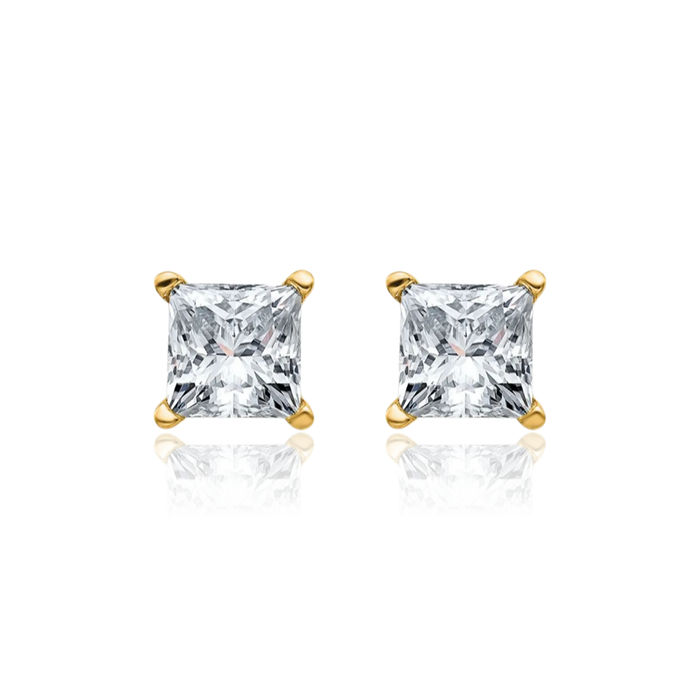 14K Solid Yellow Gold 4mm Princess-Cut Square Solitaire Moissanite Stud Earrings