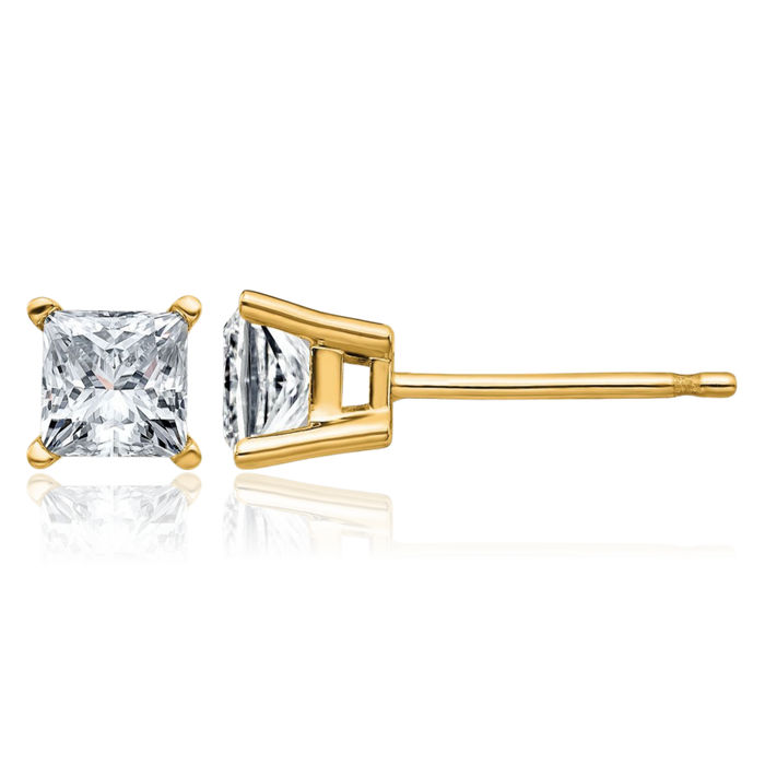 14K Solid Yellow Gold 4mm Princess-Cut Square Solitaire Moissanite Stud Earrings