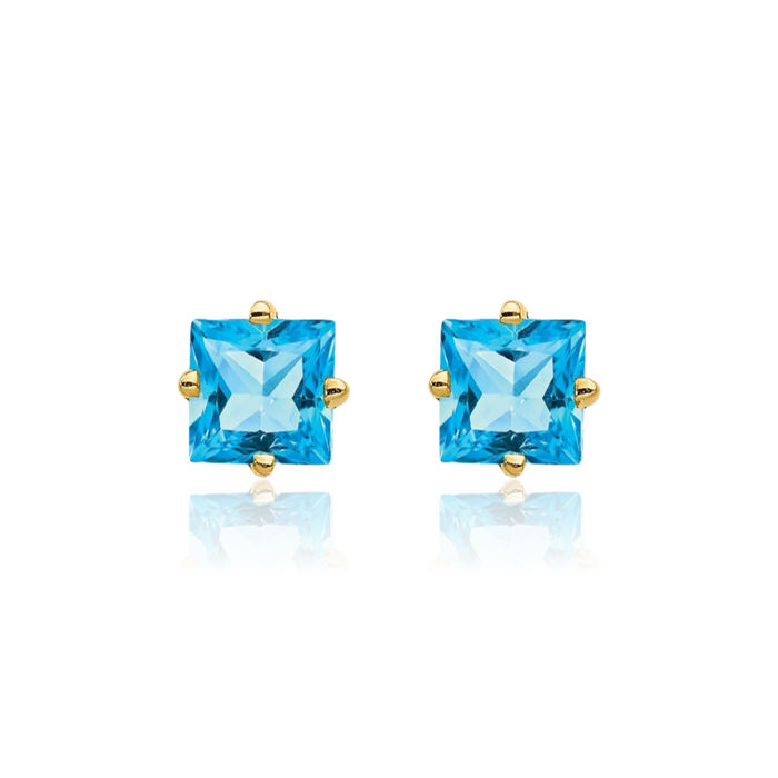 14K Solid Yellow Gold 4mm Princess-Cut Square Swiss Blue Topaz Studs Gemstone Solitaire Earrings December Birthstone Jewelry