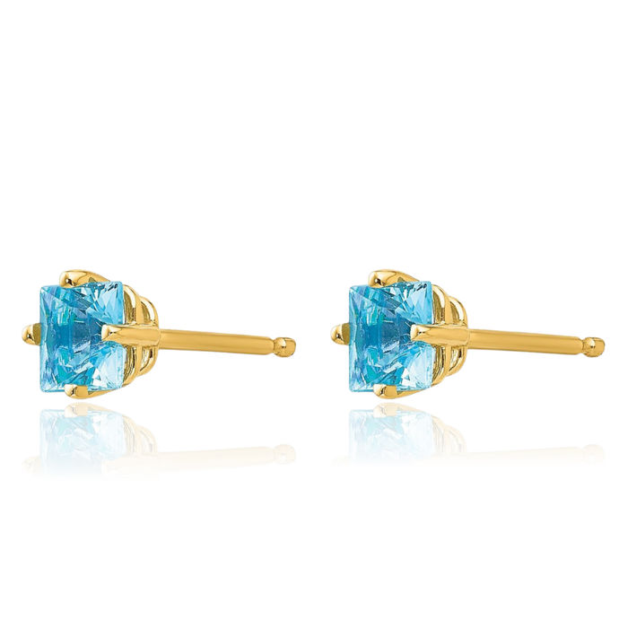 14K Solid Yellow Gold 4mm Princess-Cut Square Swiss Blue Topaz Studs Gemstone Solitaire Earrings December Birthstone Jewelry