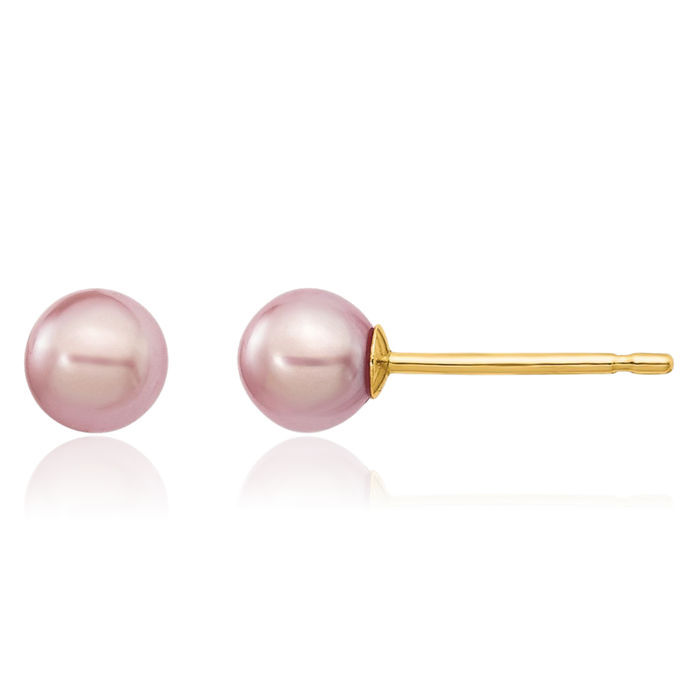 14K Solid Yellow Gold 4mm Purple Round Freshwater Cultured Pearl Stud Earrings