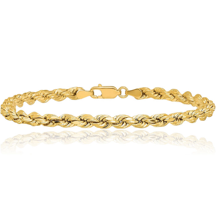 14K Solid Yellow Gold 4mm Rope Chain Bracelet