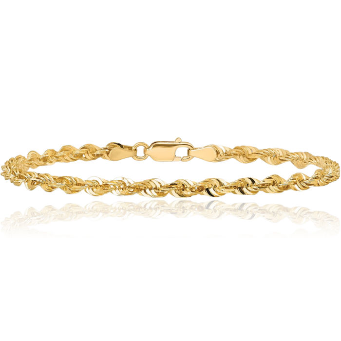 14K Solid Yellow Gold 4mm Rope Chain Bracelet