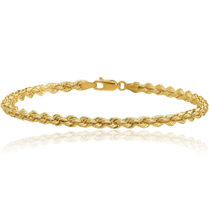 14K Solid Yellow Gold 4mm Rope Chain Bracelet