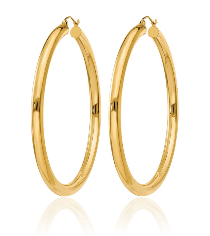 14K Solid Yellow Gold 4mm Tube Round Extra Large Hoop Earrings