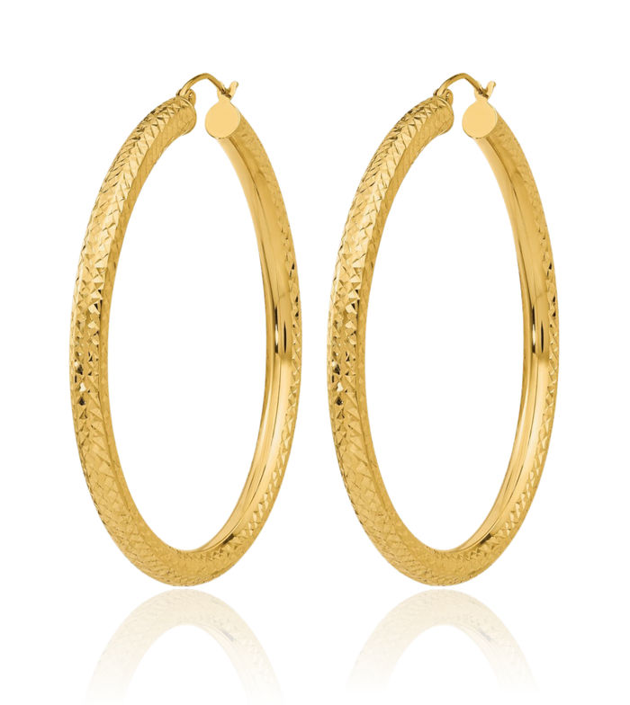 14K Solid Yellow Gold 4mm Round Large Hoop Earrings