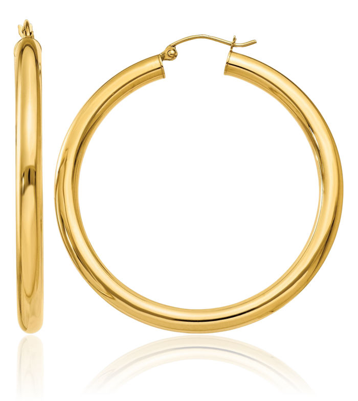 14K Solid Yellow Gold 4mm Tube Round Large Hoop Earrings