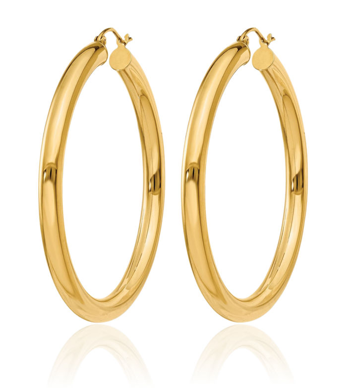 14K Solid Yellow Gold 4mm Tube Round Large Hoop Earrings