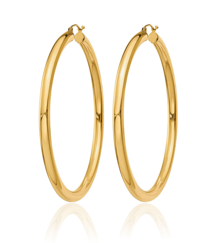 14K Solid Yellow Gold 4mm Tube Round Large Hoop Earrings