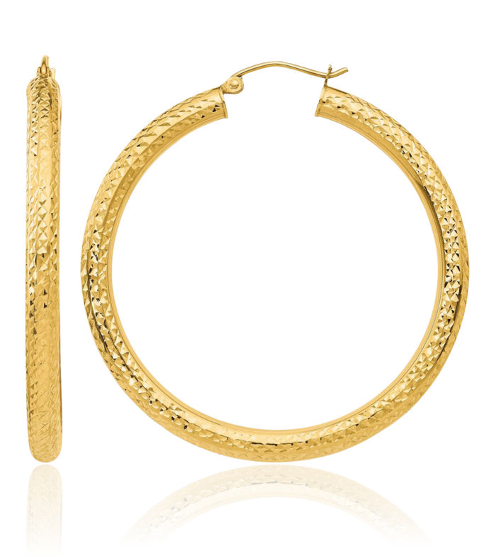 14K Solid Yellow Gold 4mm Round Large Hoop Earrings